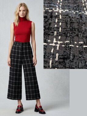 Black Bouclé Culottes in White Windowpane Check Soft Textured Wide-Leg Pants